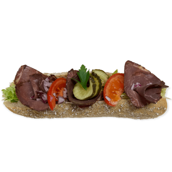 Full pakke! Baguett med vår egen potetsalat, og roastbeef